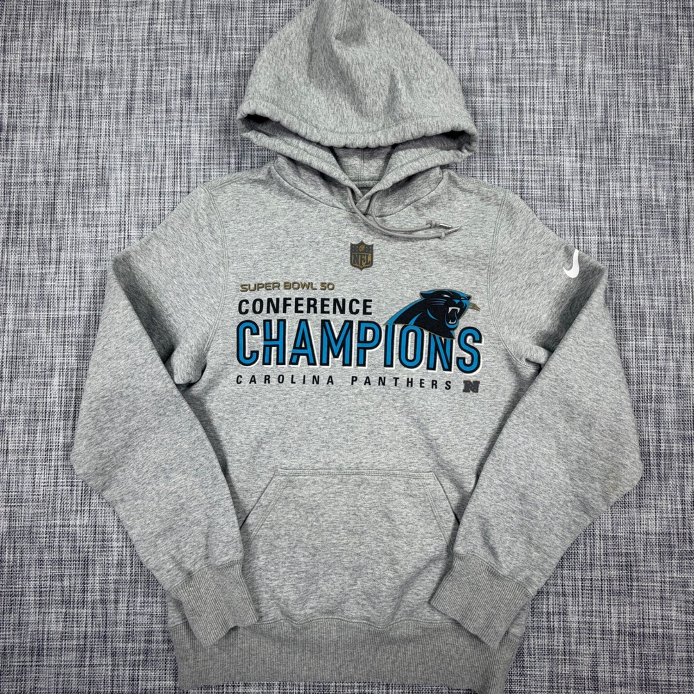 Nike Mens NFL Carolina Panthers Super Bowl 50 Gray Hoodie Small Cotton Blend